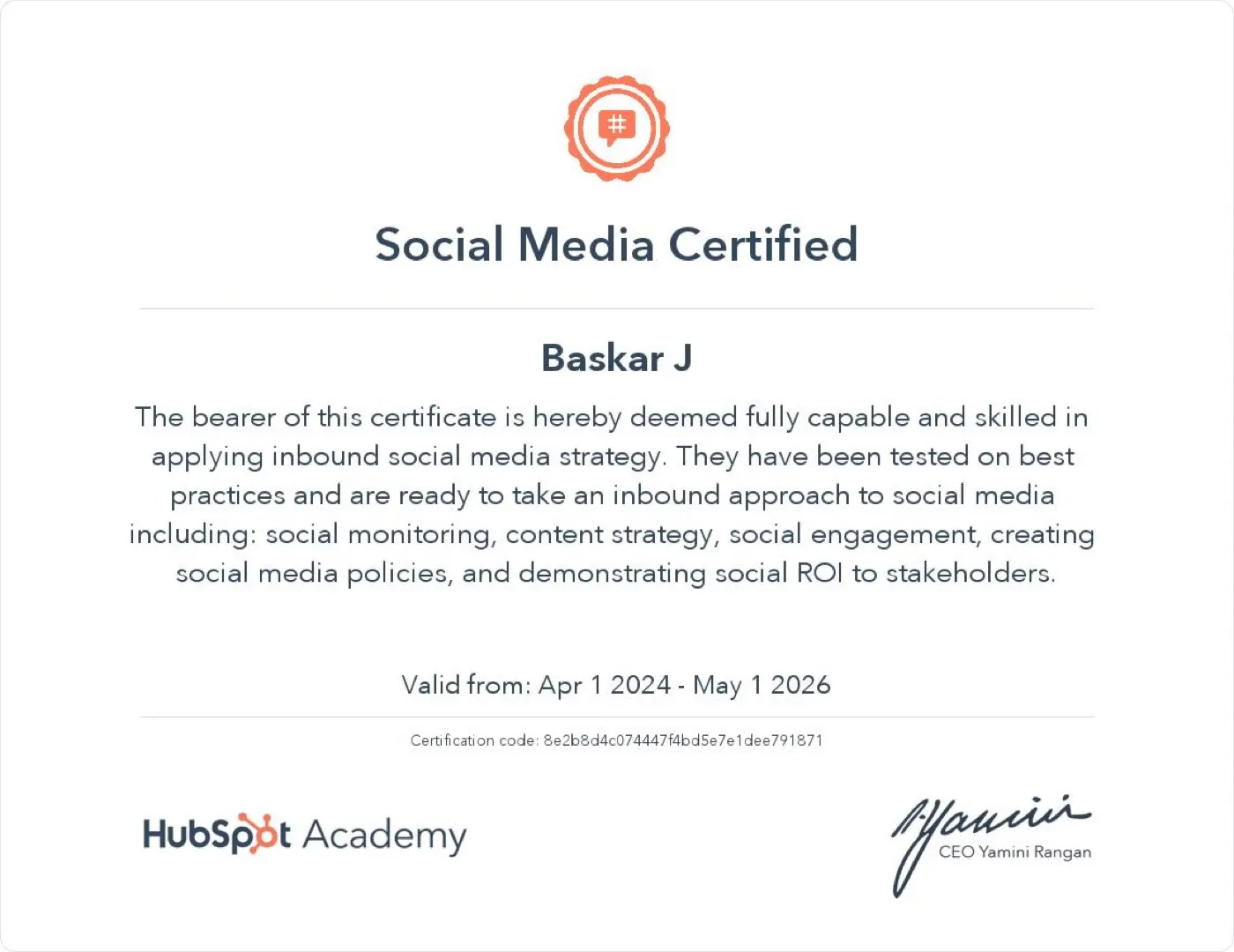 Social Media Certified certificate from HubSpot Academy